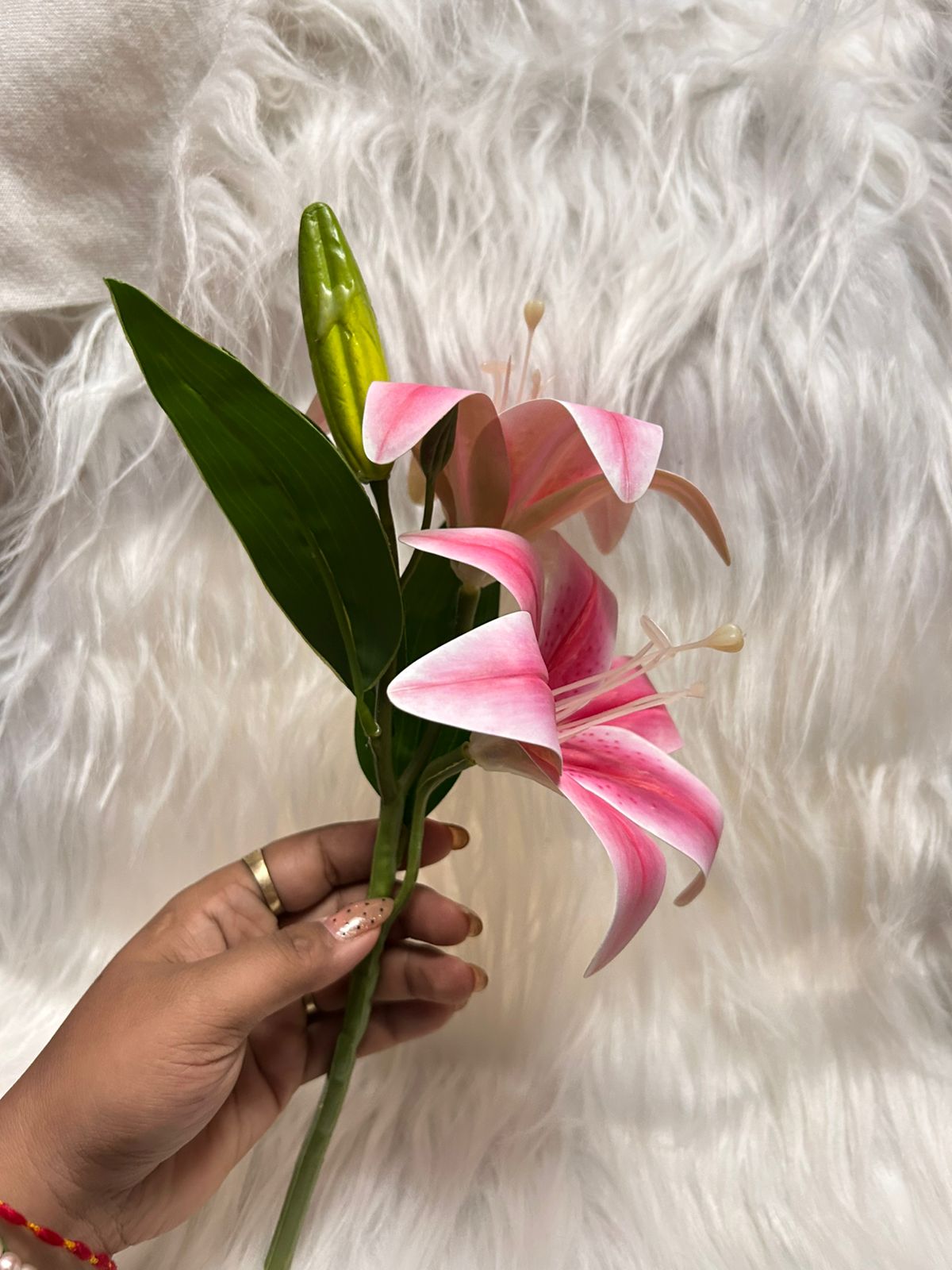 Real Touch Lily Flower Bunch with Bud Pod - 2 Lilies with Leaves on One Stem
