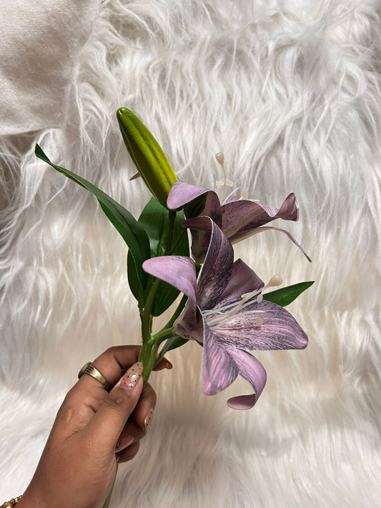 Real Touch Lily Flower Bunch with Bud Pod - 2 Lilies with Leaves on One Stem