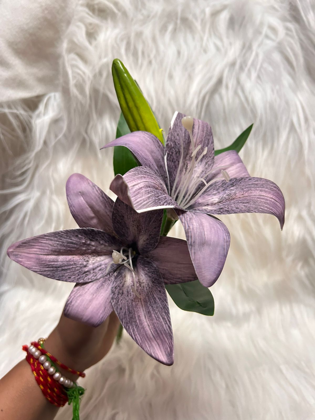 Real Touch Lily Flower Bunch with Bud Pod - 2 Lilies with Leaves on One Stem