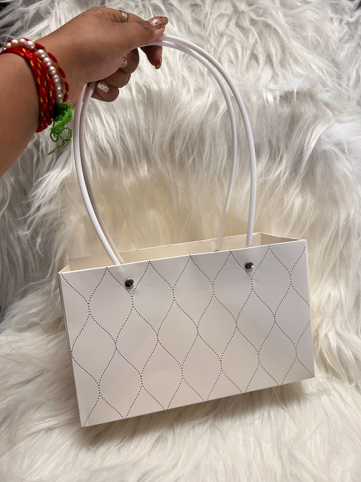 Festive Hamper Bag - White with Gold Foil Lattice Print and Rivet Handles