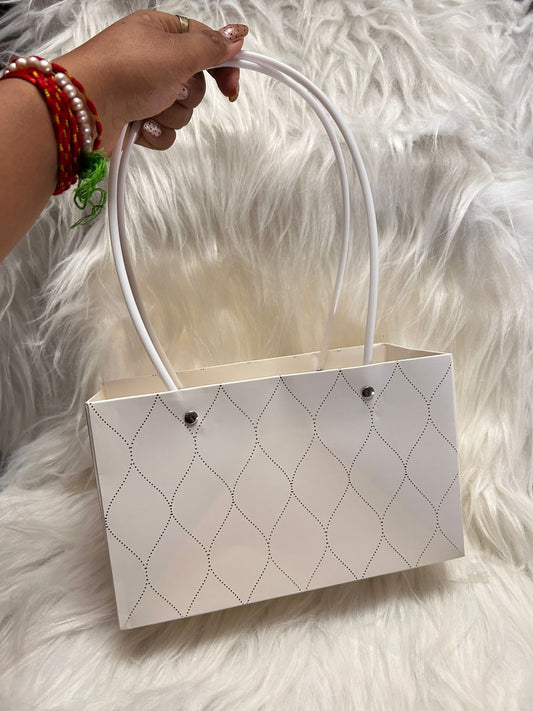 Festive Hamper Bag - White with Gold Foil Lattice Print and Rivet Handles
