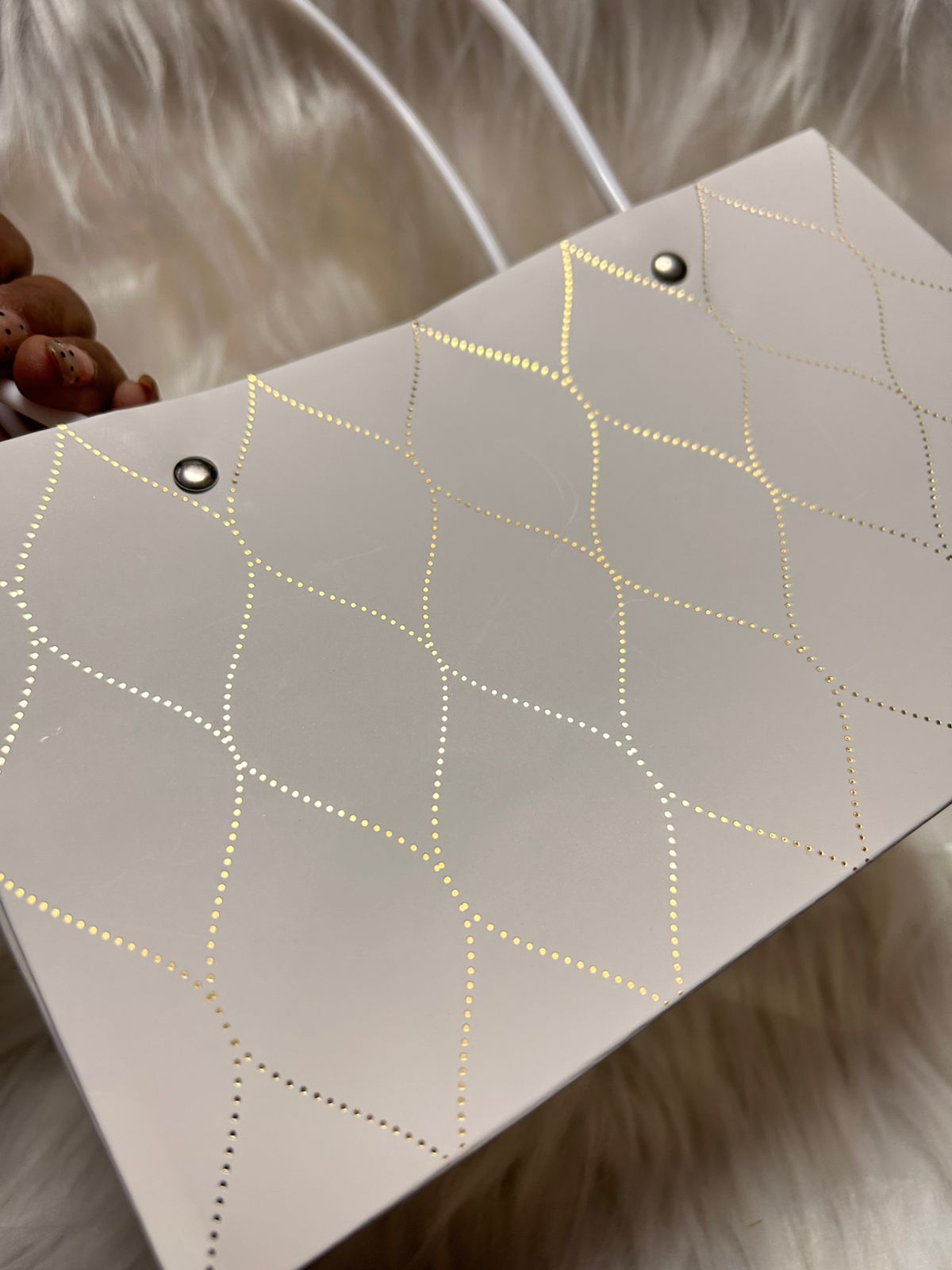 Festive Hamper Bag - White with Gold Foil Lattice Print and Rivet Handles