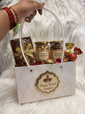 Festive Hamper Bag - White with Gold Foil Lattice Print and Rivet Handles