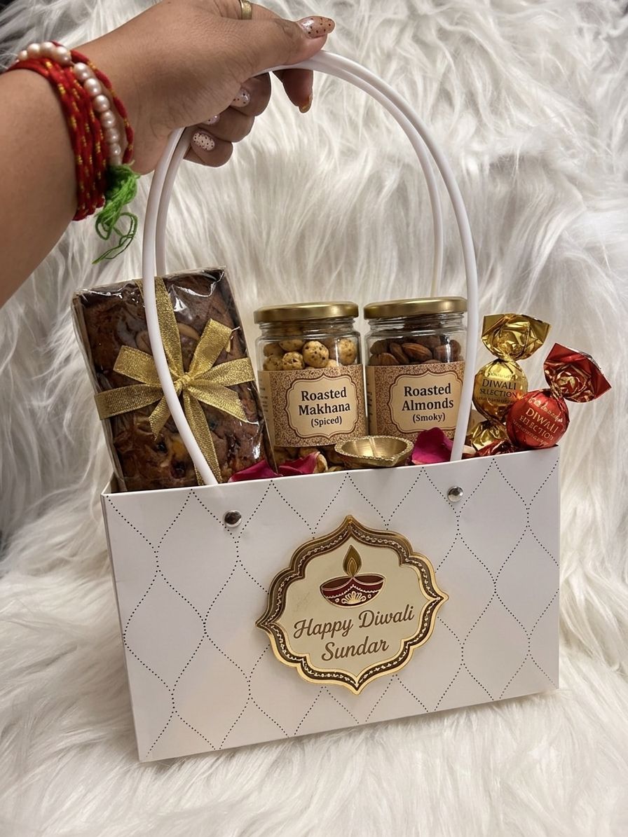 Festive Hamper Bag - White with Gold Foil Lattice Print and Rivet Handles