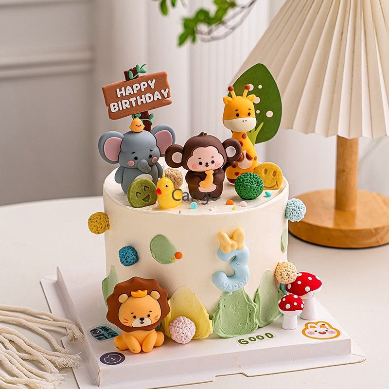 Silicone Animal Cake Topper - Soft Matte Elephant, Monkey and Lion Figures for Jungle Theme and First Birthday Cakes