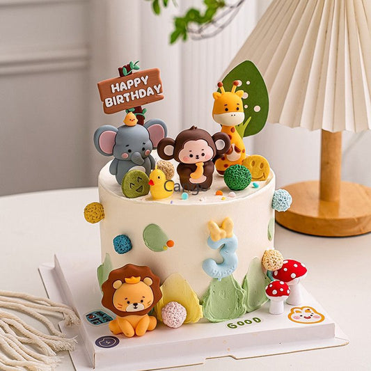 Silicone Animal Cake Topper - Soft Matte Elephant, Monkey and Lion Figures for Jungle Theme and First Birthday Cakes