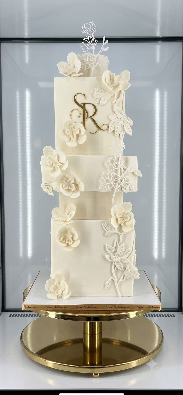 White Acrylic Line Art Flower Branch Cake Topper - Magnolia Stem