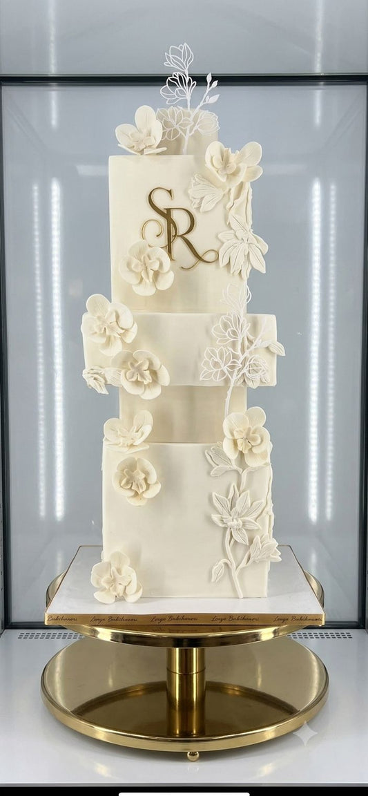 White Acrylic Line Art Flower Branch Cake Topper - Magnolia Stem