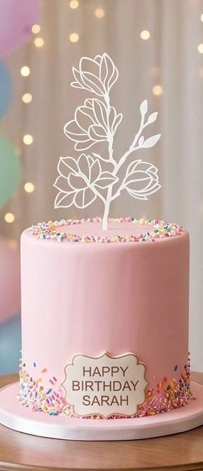 White Acrylic Line Art Flower Branch Cake Topper - Magnolia Stem