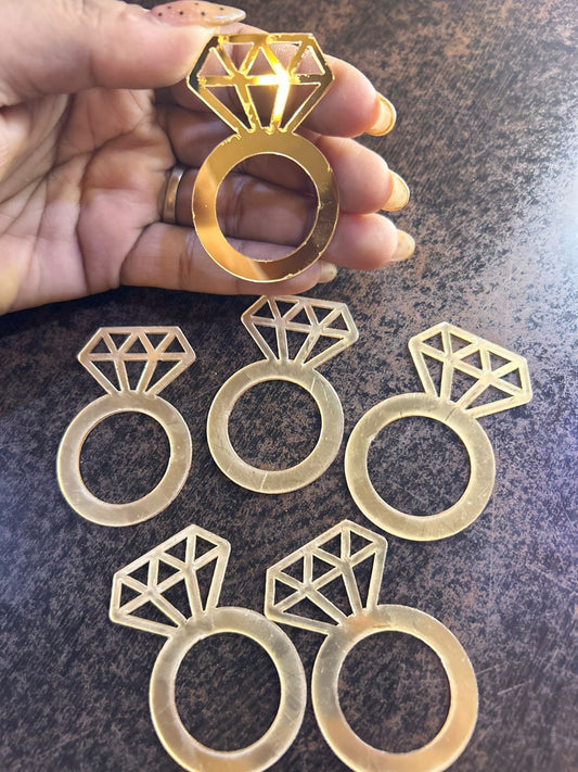 Gold Mirror Acrylic Diamond Ring Cutout Cake Topper - Pack of 6