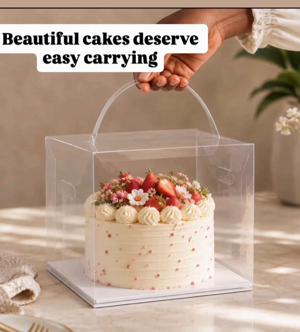 Clear Cake Box with Handle and Base - 8 x 8 x 8 / 10 x 10 x 9 inch