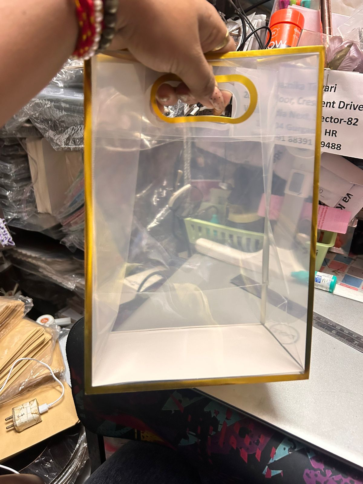 Imported Transparent PVC Hamper Bag with Golden Frame - 10 x 7 x 4 inch