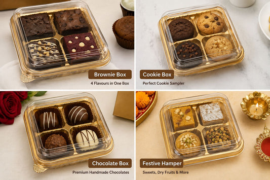 Premium 4-Compartment Dessert & Gifting Box with Transparent Lid - 6 x 6 inch