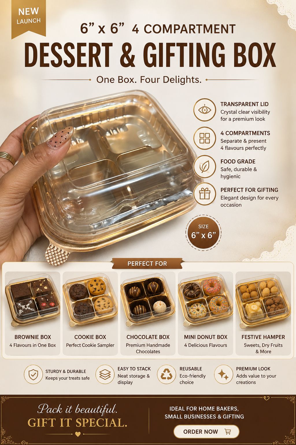 Premium 4-Compartment Dessert & Gifting Box with Transparent Lid - 6 x 6 inch