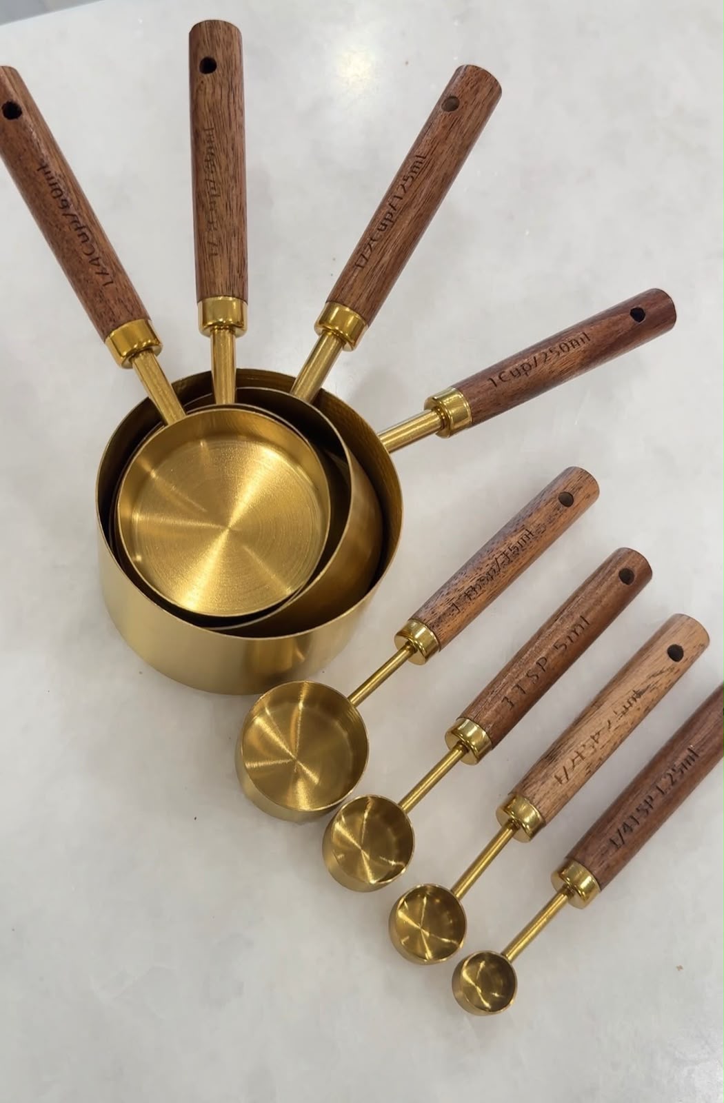 Gold Measuring Cups and Spoons Set with Wooden Handles - 8 Pcs