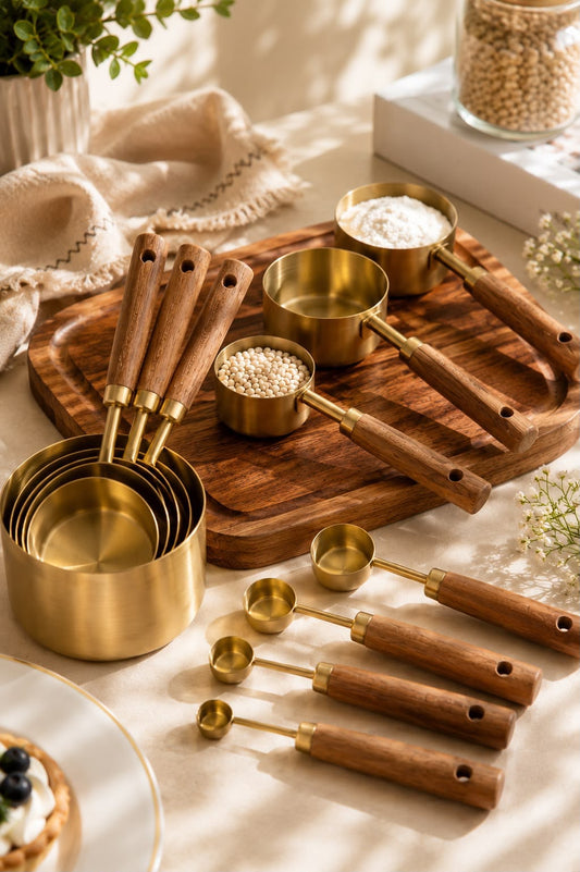 Gold Measuring Cups and Spoons Set with Wooden Handles - 8 Pcs