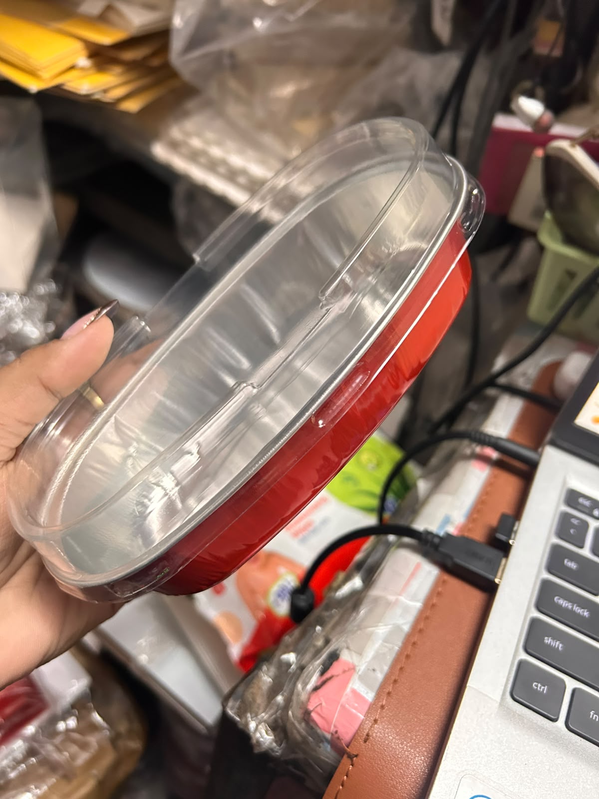 Red Oval Foil Bake and Serve Tub with Transparent Lid - 350 ml