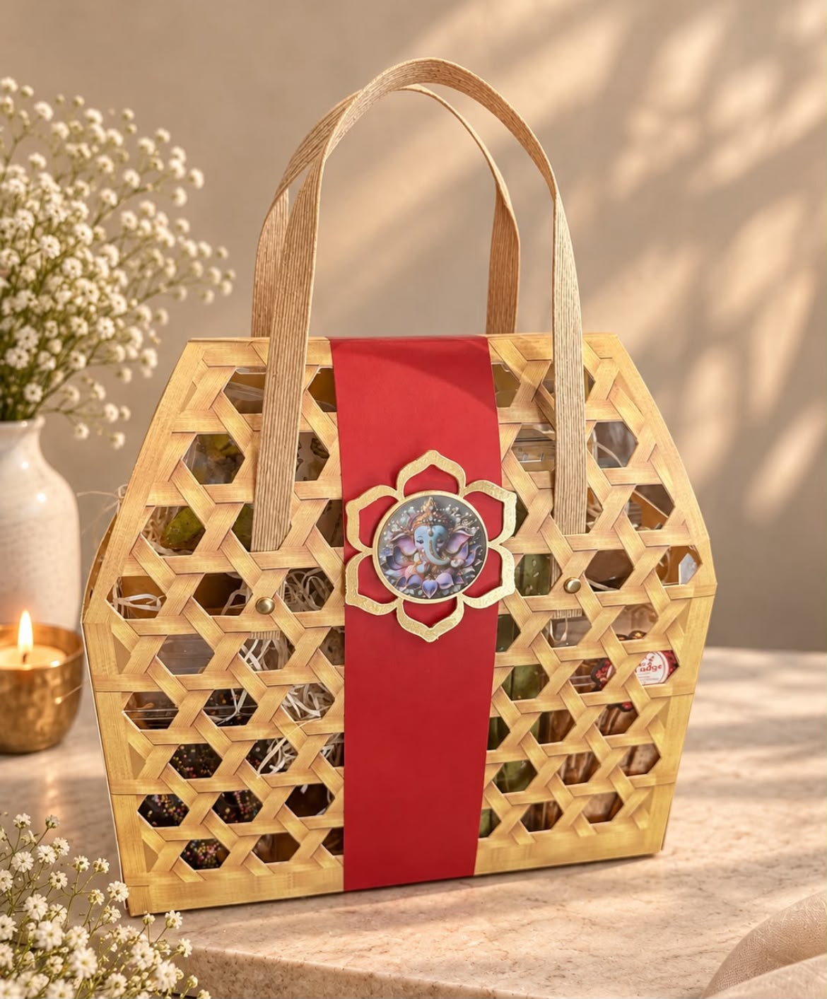 Bamboo Weave Design Hamper Basket Bag with Handles - Imported Paper, Holds up to 5 kg