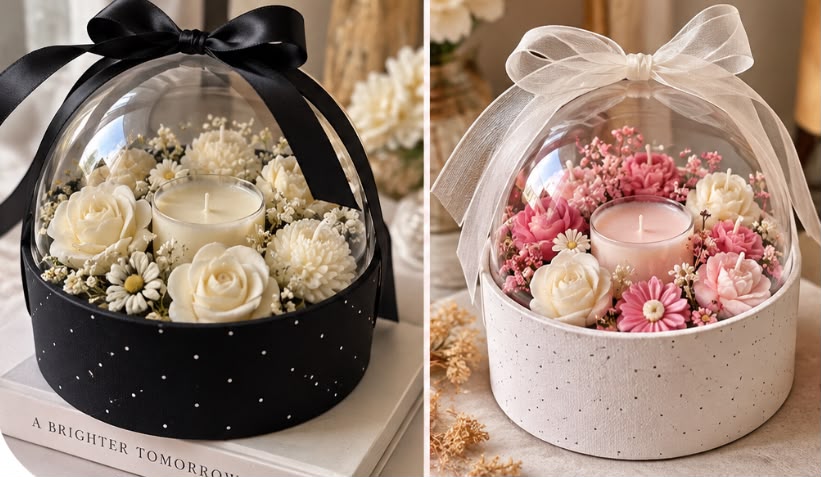 Acrylic Dome Hamper Box with Satin Ribbon - Velvet and Stone Finish, 5.5 x 5.5 inch