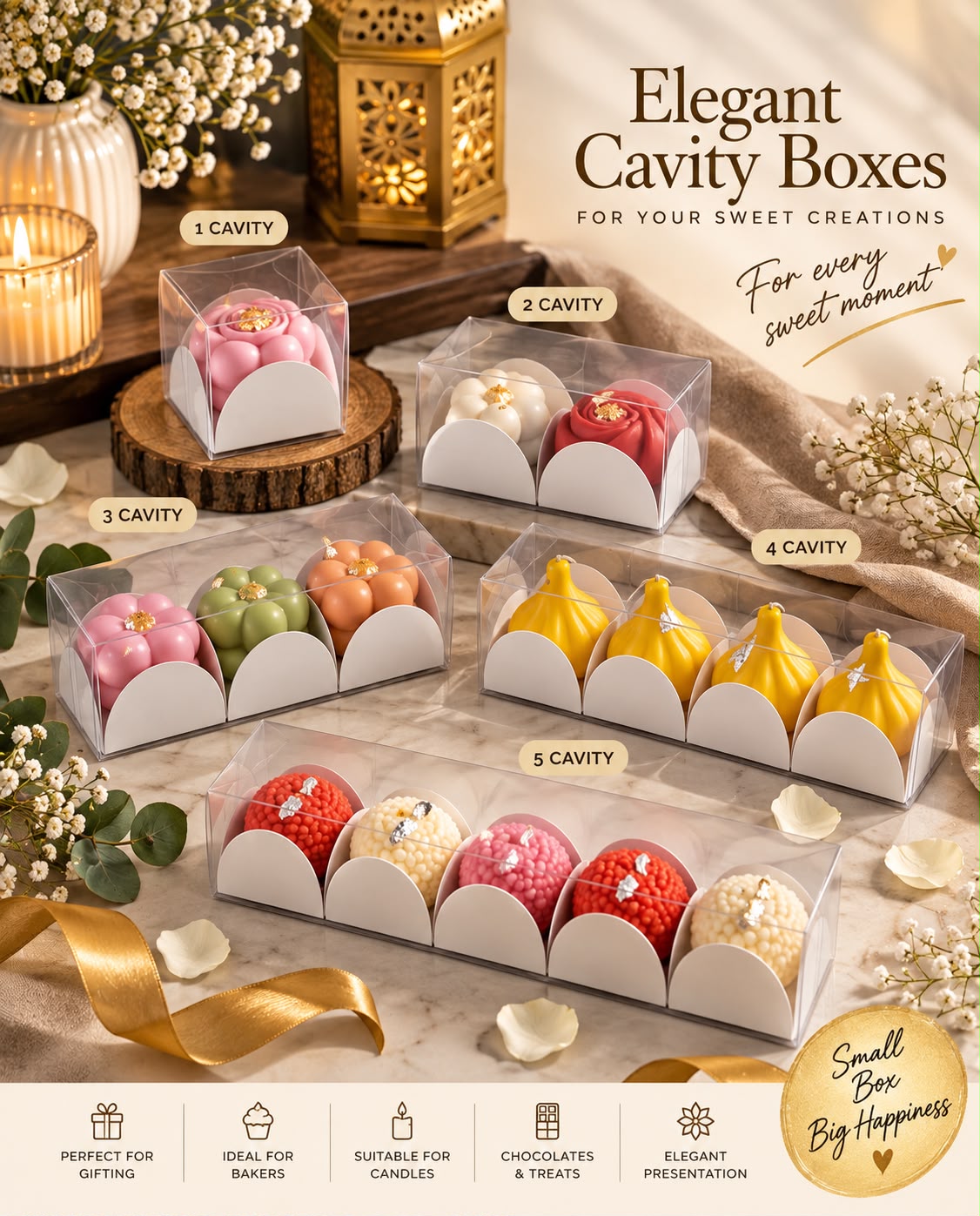 Clear PVC Cavity Box with White Insert - 1 to 6 Cavity for Chocolates, Truffles & Candles