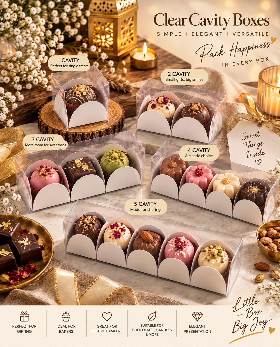 Clear PVC Cavity Box with White Insert - 1 to 6 Cavity for Chocolates, Truffles & Candles