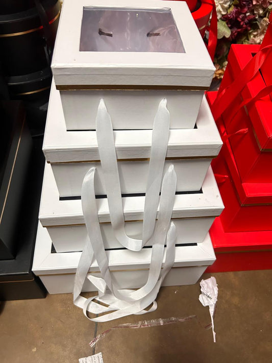 Premium Nesting Hamper Gift Box Set of 4 with Window Lid & Ribbon Handles - Square & Round