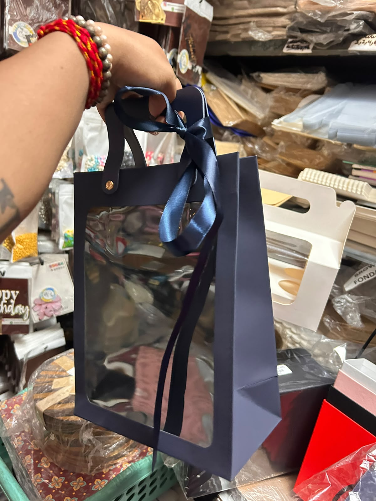 Velvet Paper Window Hamper Bag with Leatherette Handle - 11 x 8 x 4 inch