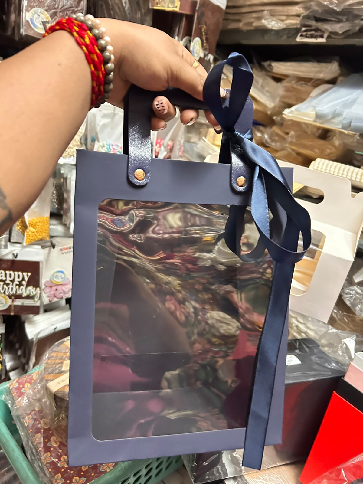 Velvet Paper Window Hamper Bag with Leatherette Handle - 11 x 8 x 4 inch