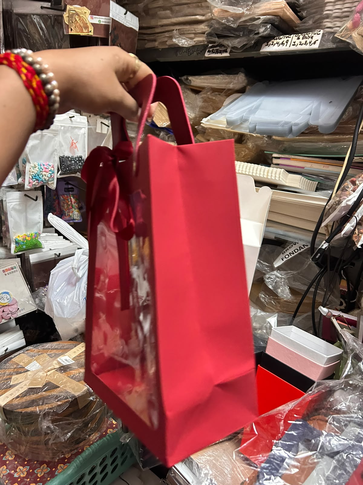 Velvet Paper Window Hamper Bag with Leatherette Handle - 11 x 8 x 4 inch