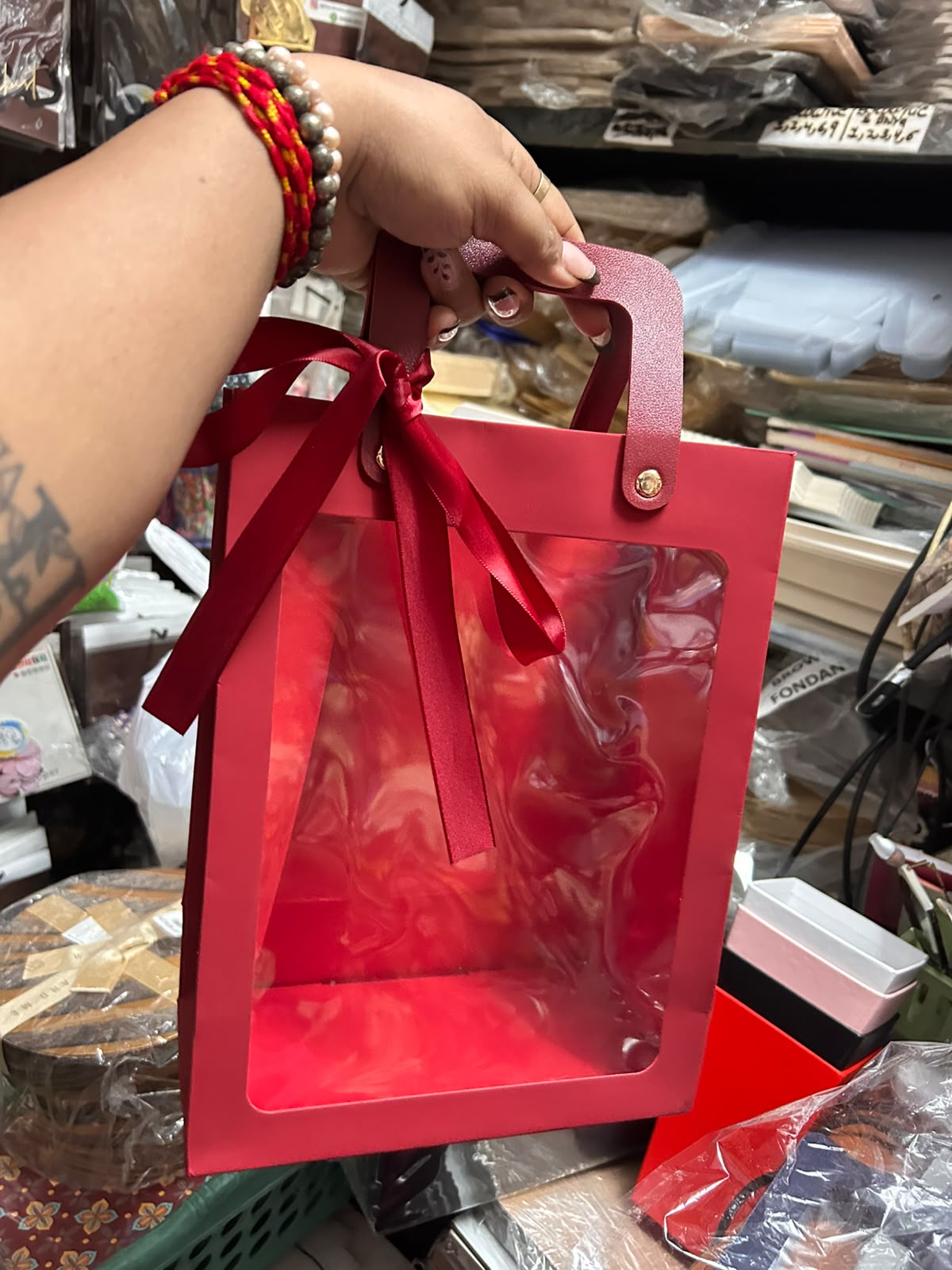 Velvet Paper Window Hamper Bag with Leatherette Handle - 11 x 8 x 4 inch