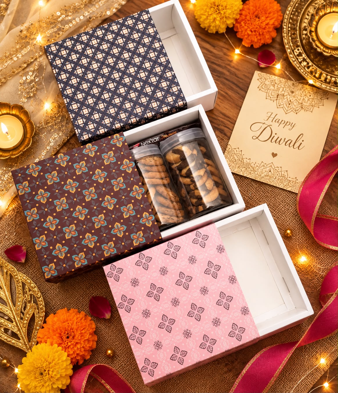 Printed Sliding Hamper Box - 8 x 8 x 3.5 inch (Pack of 10, Mix Designs)