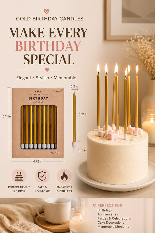 Gold Pencil Candles for Cake - Sleek Tall Birthday Candles (Pack of 6)