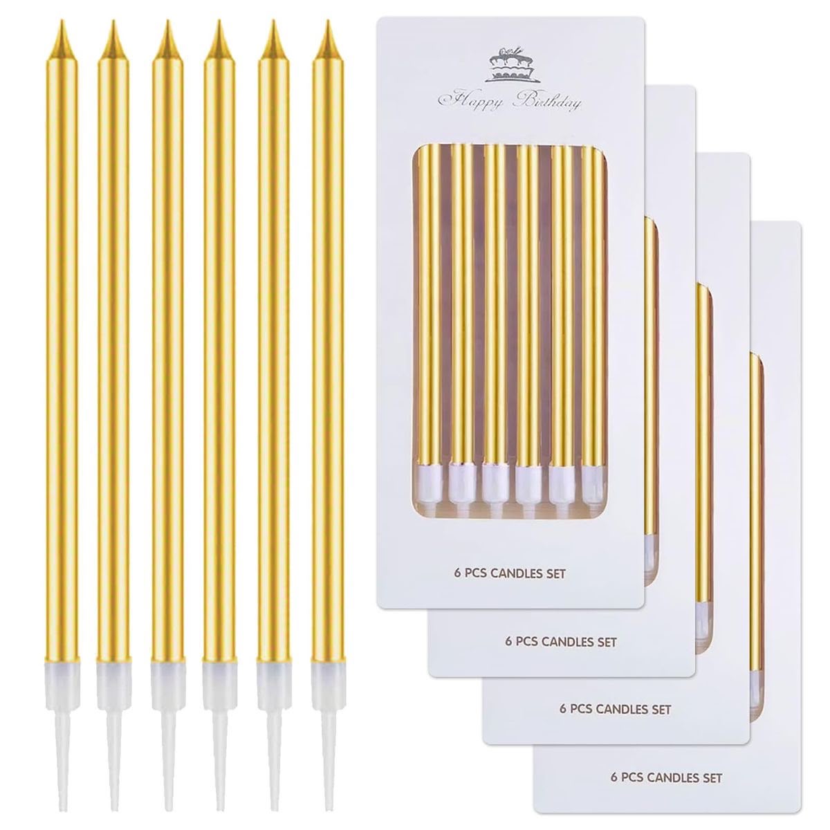 Gold Pencil Candles for Cake - Sleek Tall Birthday Candles (Pack of 6)