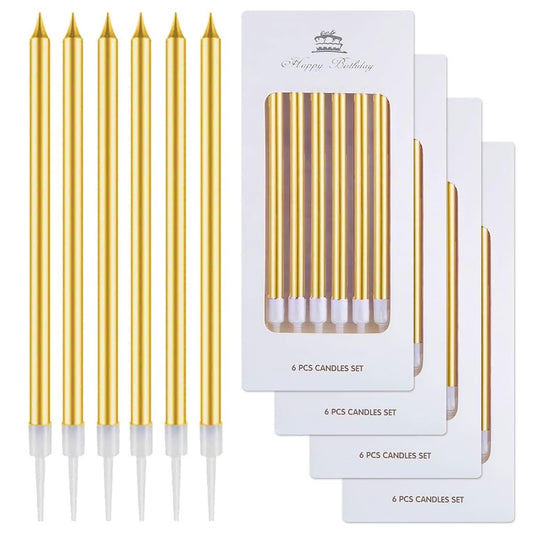 Gold Pencil Candles for Cake - Sleek Tall Birthday Candles (Pack of 6)