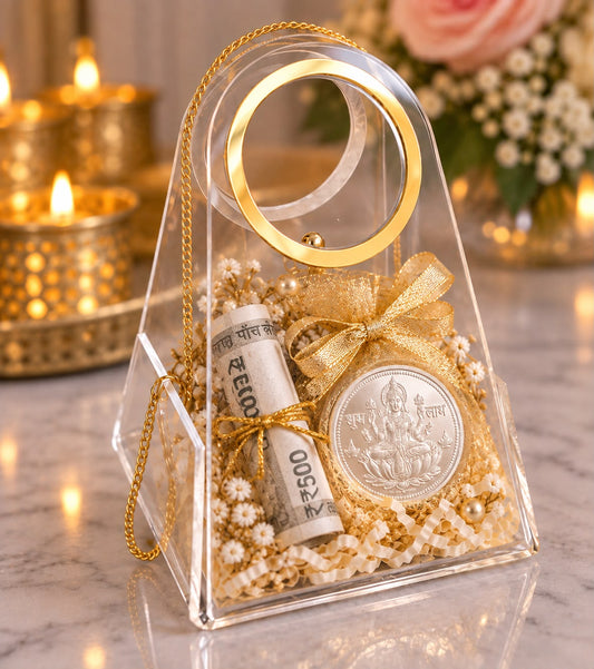 Acrylic Coin Bag - Clear Gift Bag with Gold Ring Handle (3 x 4 x 2 inch)
