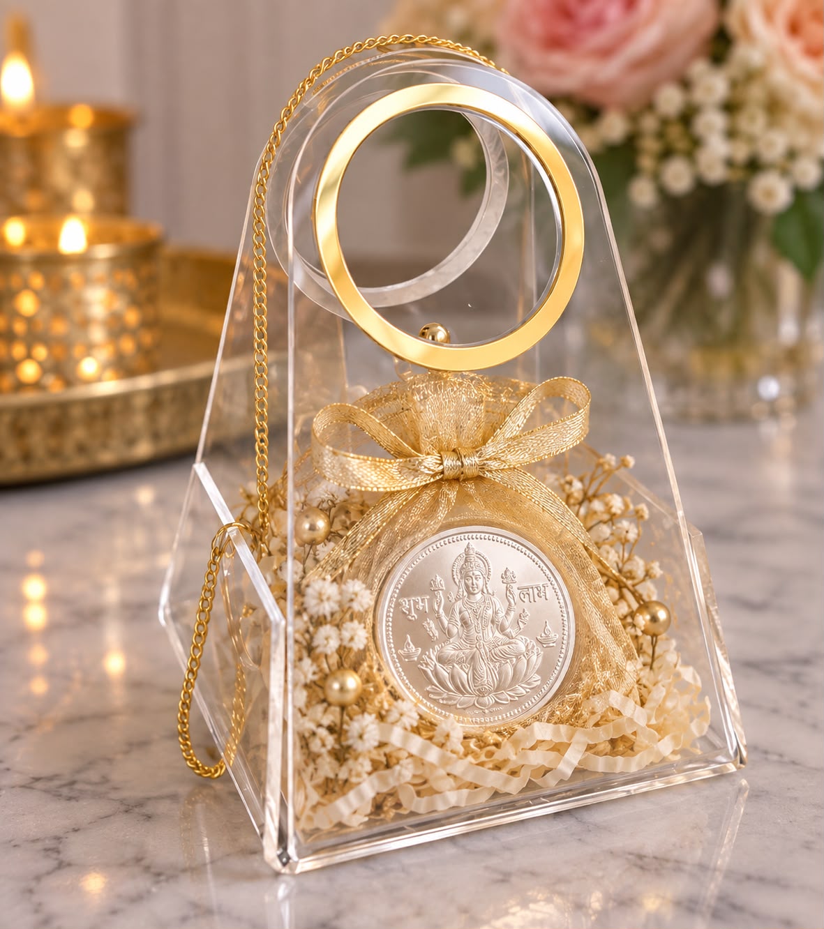 Acrylic Coin Bag - Clear Gift Bag with Gold Ring Handle (3 x 4 x 2 inch)