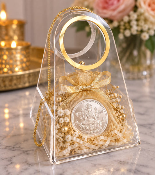 Acrylic Coin Bag - Clear Gift Bag with Gold Ring Handle (3 x 4 x 2 inch)