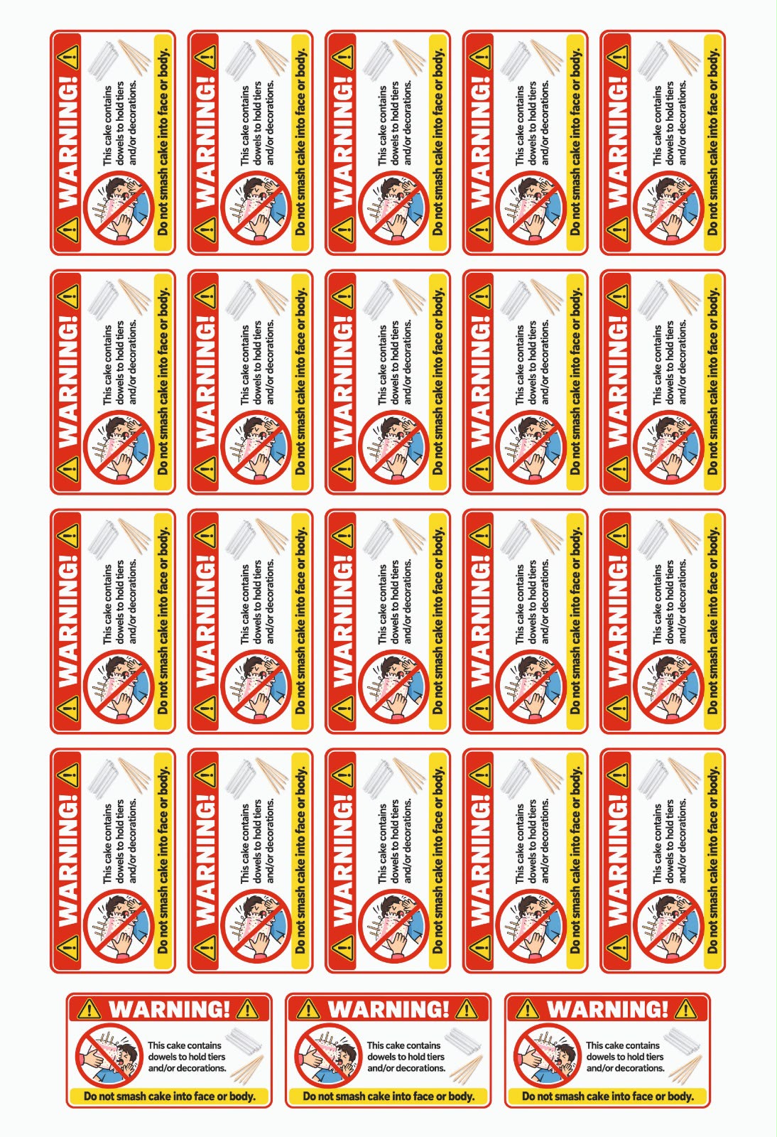 Warning Sticker Do Not Smash Cake  - 23 Stickers per Sheet