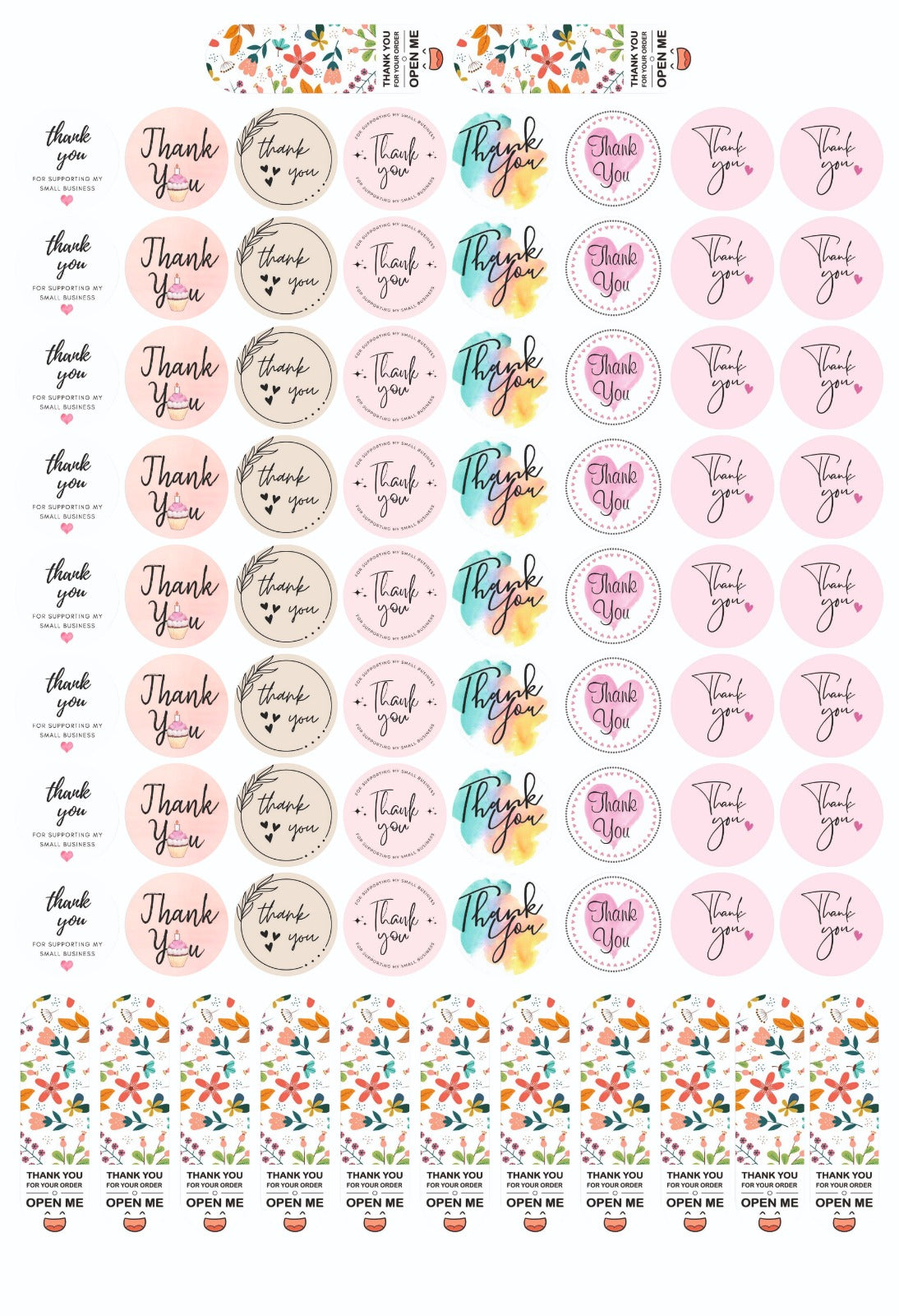 Multi Design Thank You & Open Me Sticker Sheet - 77 Stickers