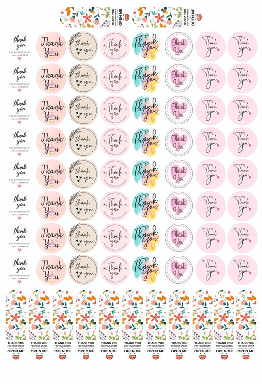 Multi Design Thank You & Open Me Sticker Sheet - 77 Stickers