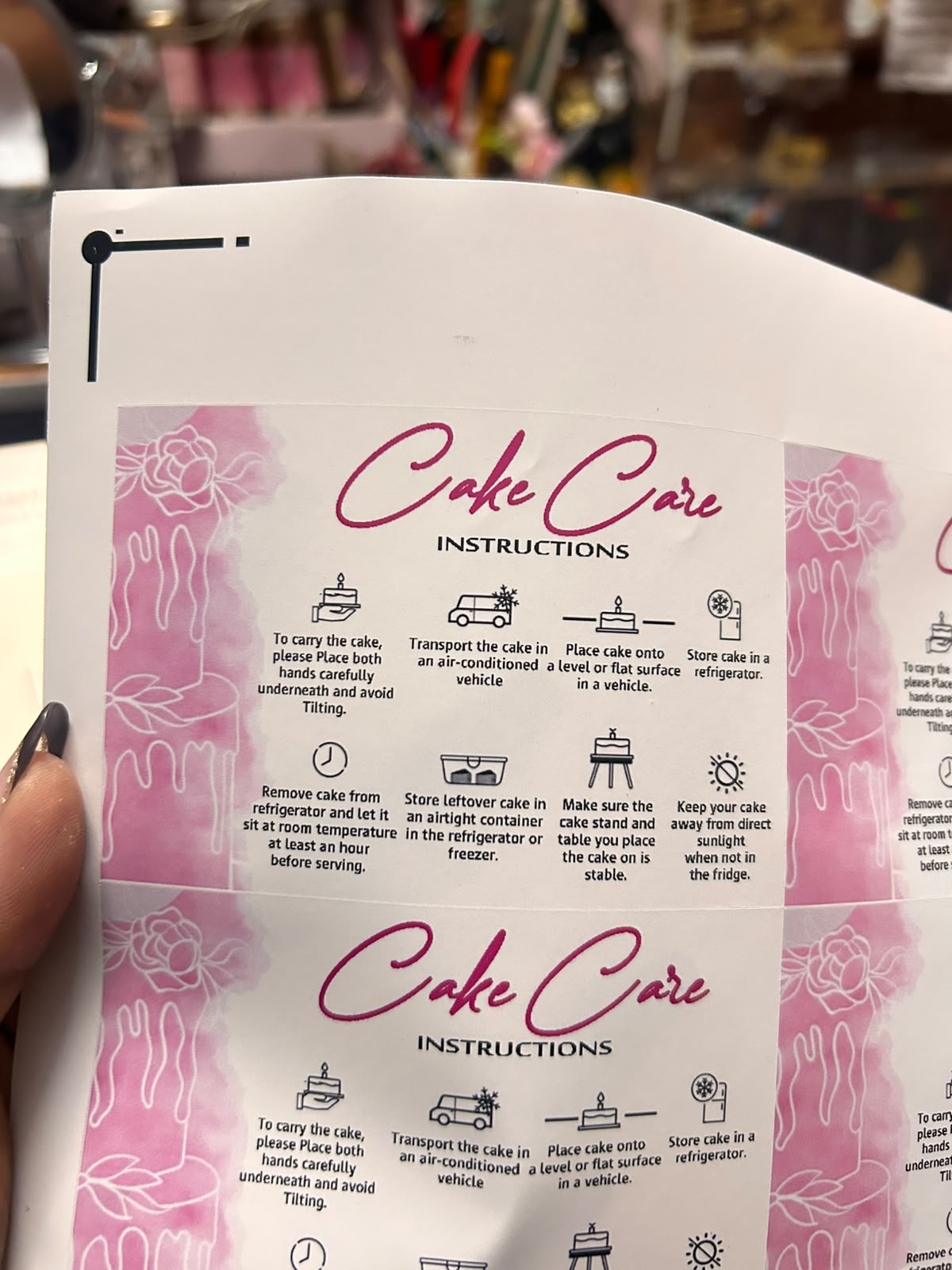 Cake Care Instructions Sticker - 18 Stickers per Sheet