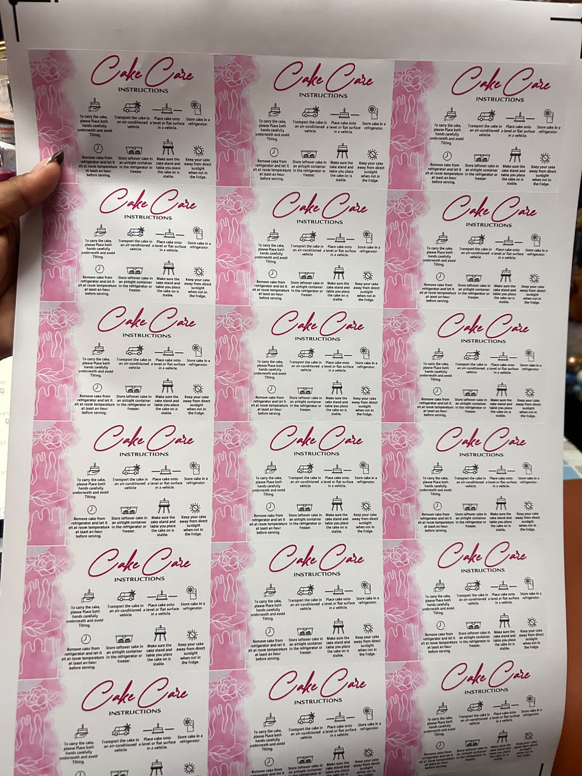 Cake Care Instructions Sticker - 18 Stickers per Sheet