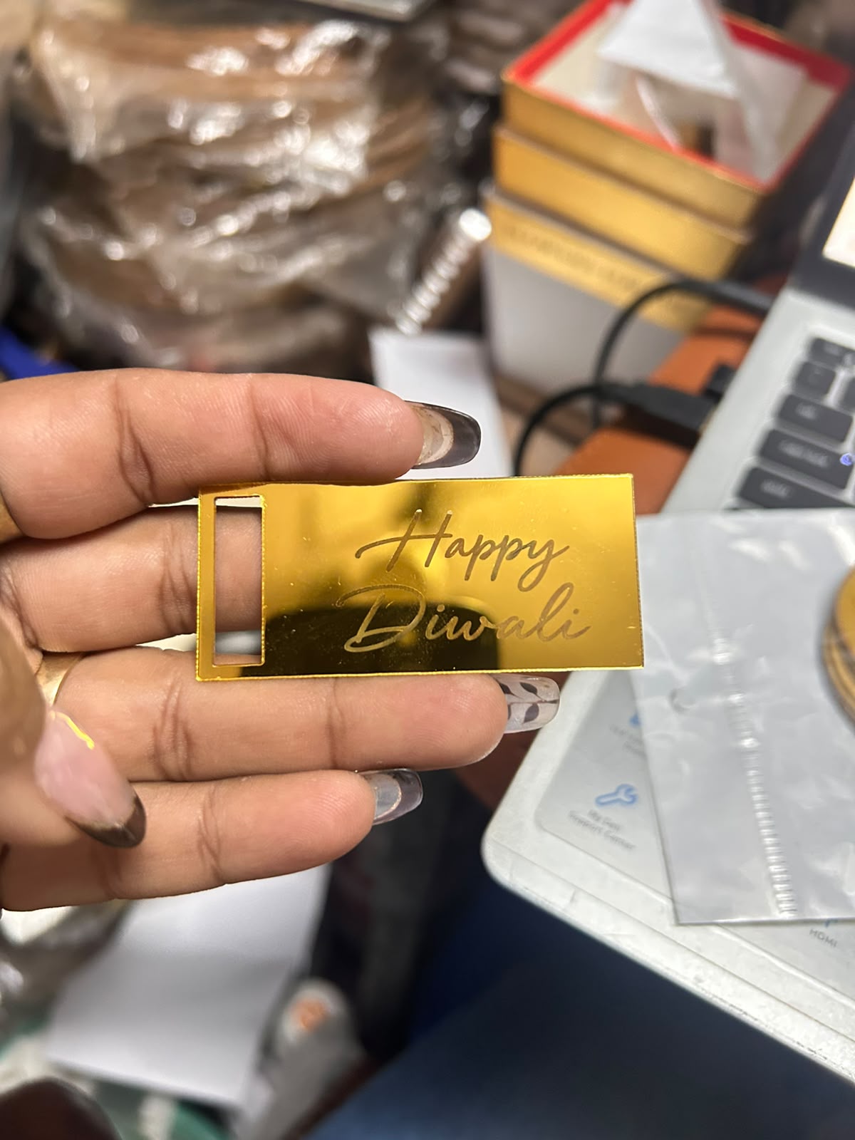 Happy Diwali Ribbon Topper Tag - Gold Mirror, 2.5 x 1 inch (Pack of 10)