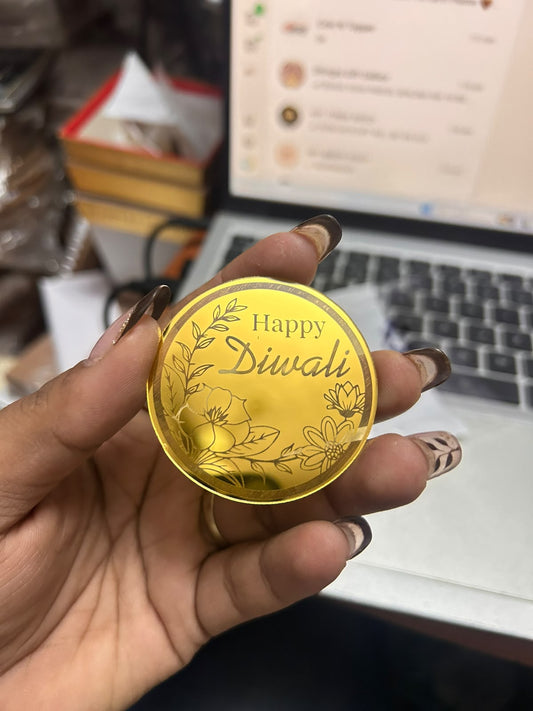 Happy Diwali Round Charm - Gold Mirror with Floral Design, 2 inch (Pack of 10)