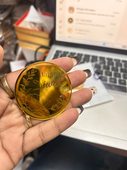 Happy Diwali Round Charm - Gold Mirror with Floral Design, 2 inch (Pack of 10)