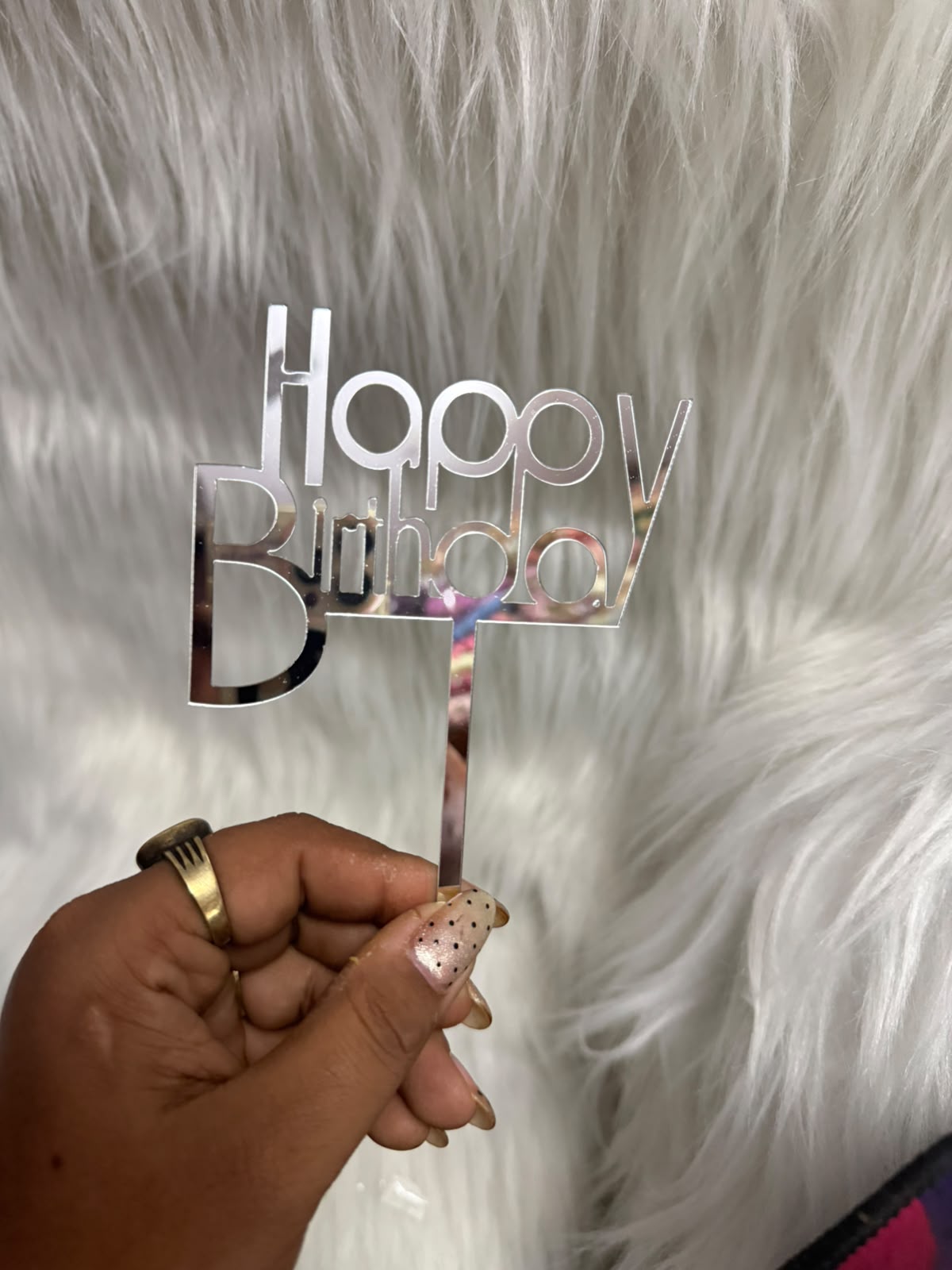 Happy Birthday Cake Topper Silver Mirror Acrylic - 5 Inch