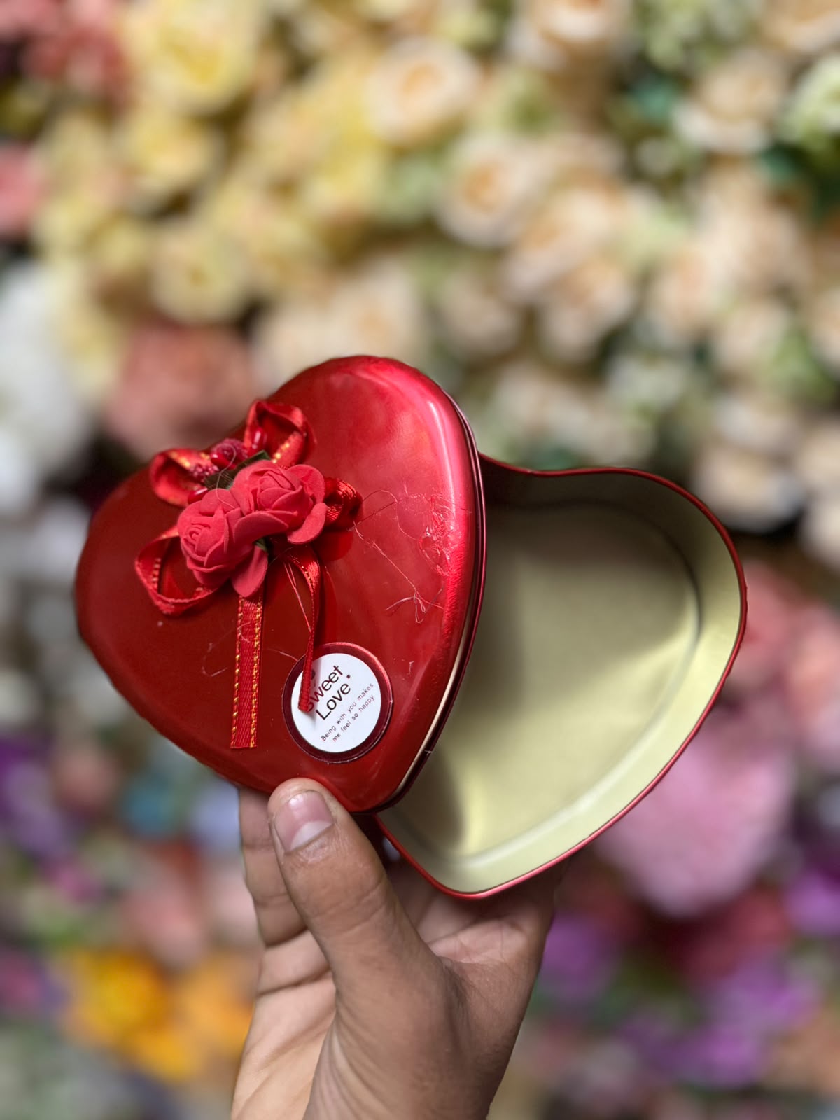 Heart Shape Cookie Tin Box Red 5 Inch - Metal Gift Tin with Rose Bow