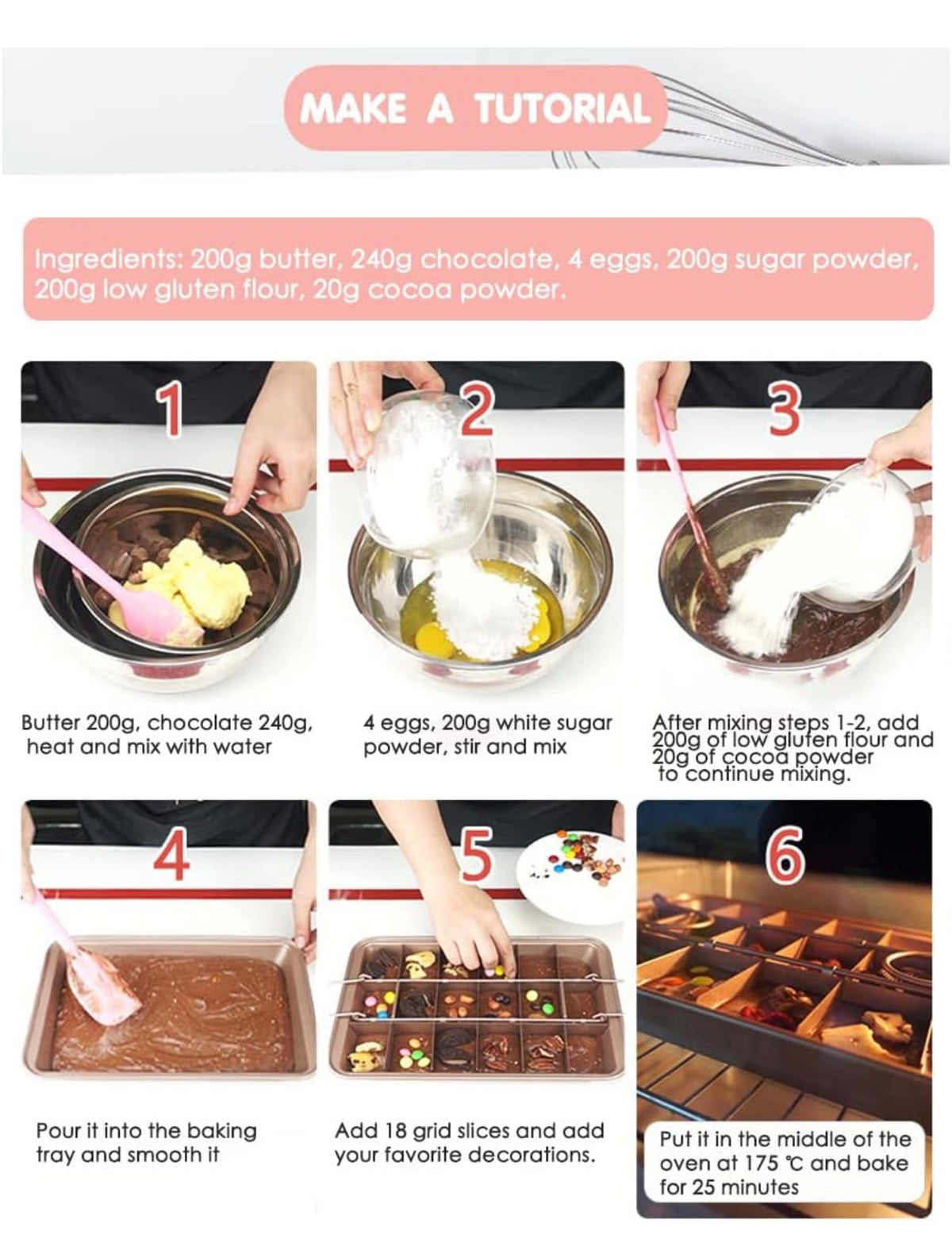 18 Pre-Slice Brownie Pan - Carbon Steel Nonstick Baking Tray with Grips, 12 x 8 x 2 inch