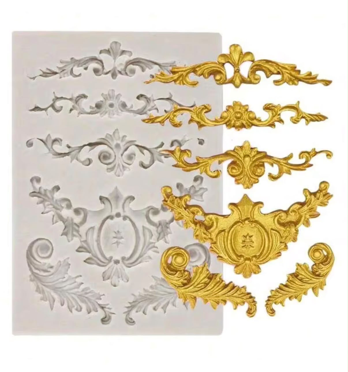 Vintage Mould - Baroque Scroll, Crest & Border Designs (6 Cavity Fondant Mould)