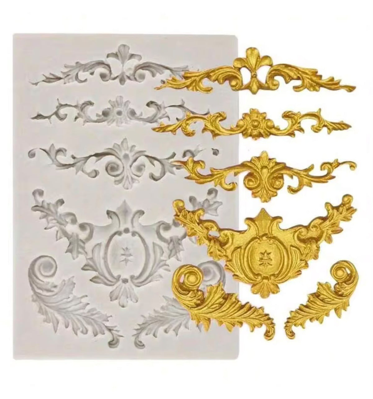 Vintage Mould - Baroque Scroll, Crest & Border Designs (6 Cavity Fondant Mould)